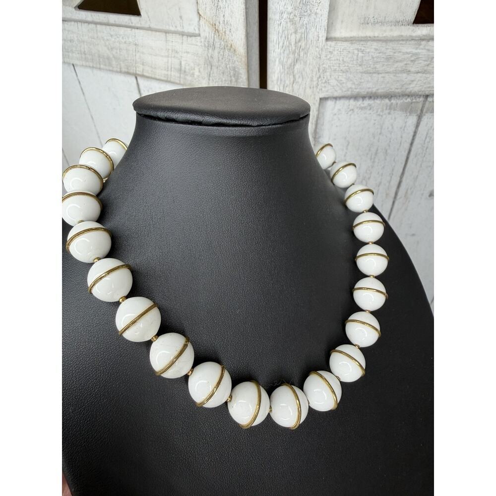 Vintage Trifari Crown White Gold Bead Statement Necklace Hollywood Glam Retro